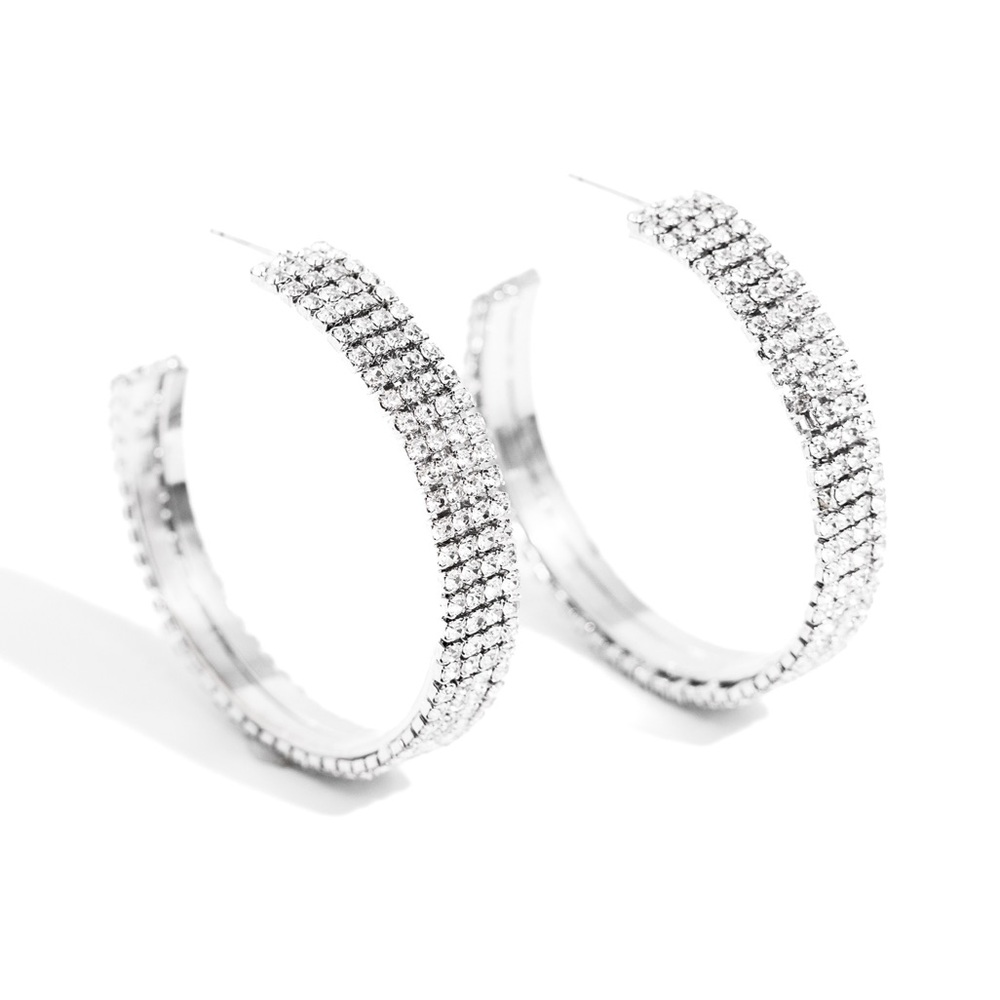 Silver Rhinestone Hoop Earrings - Picture 2 of 2